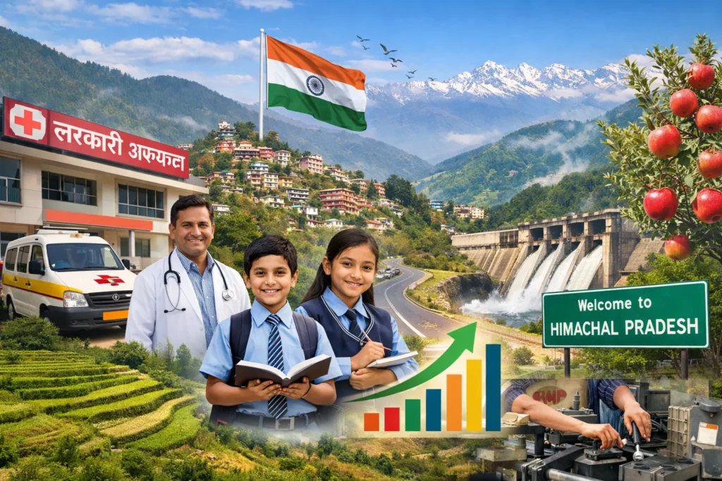 हिमाचल प्रदेश की रैंकिंग रिपोर्ट दर्शाते हुए शिक्षा, स्वास्थ्य सेवाओं, बुनियादी ढांचे और पहाड़ी पृष्ठभूमि के साथ राज्य के समग्र विकास को दिखाती तस्वीर