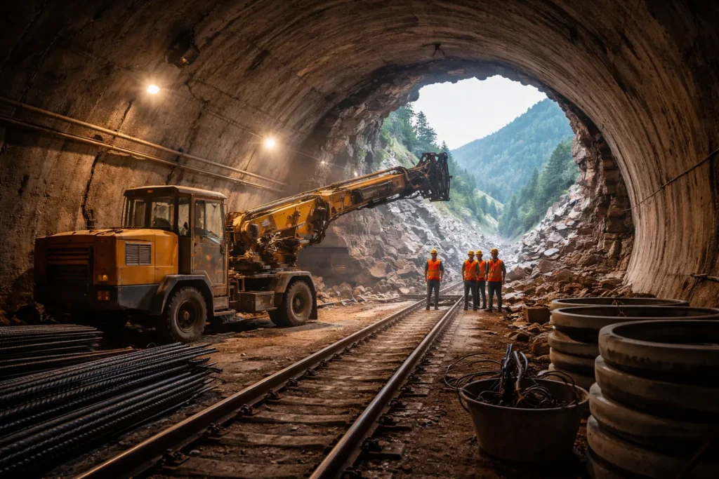 भानुपल्ली-बेरी रेल लाइन की सुरंग में 750 मीटर ब्रेकथ्रू पहाड़ी क्षेत्र में निर्माणाधीन रेलवे सुरंग के अंदर मशीनरी और श्रमिक कार्य करते हुए।