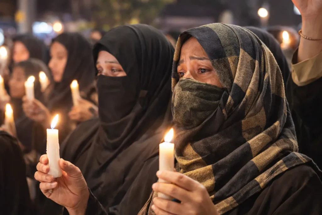 दिल्ली के करबला में अयातुल्ला खामेनेई को श्रद्धांजलि दिल्ली में आयोजित शोक सभा के दौरान काली अबाया पहने महिलाएं हाथों में मोमबत्तियां लिए श्रद्धांजलि देती हुई