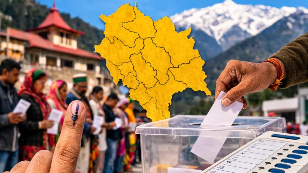 हिमाचल प्रदेश के नक्शे के साथ मतदान और ईवीएम का प्रतीकात्मक चित्र