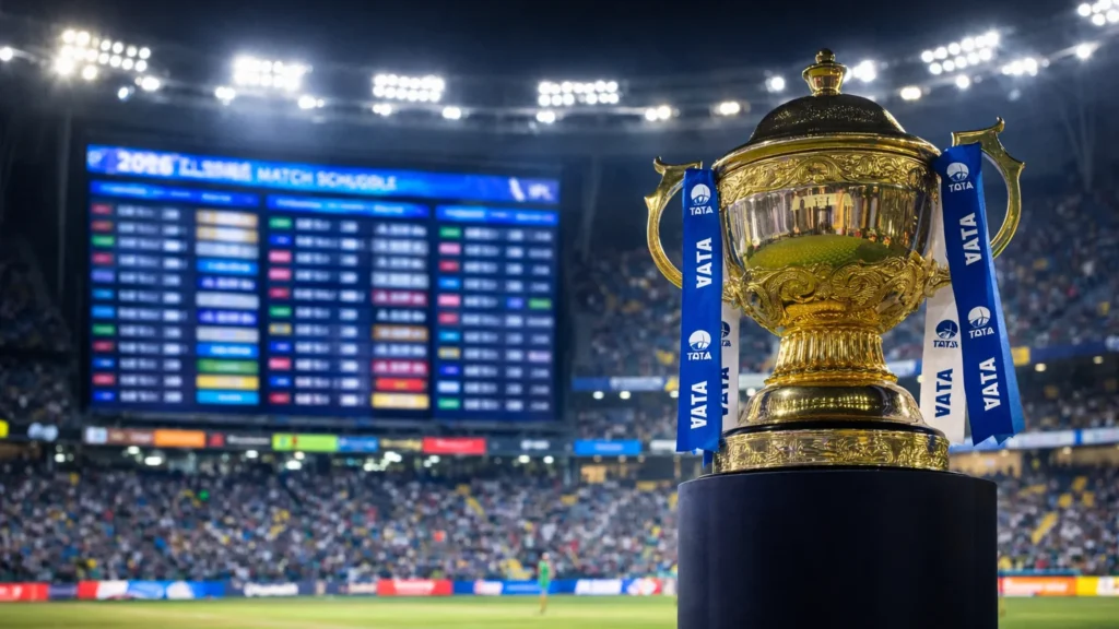 IPL 2026 Full Schedule: तारीख, टीमें, वेन्यू और पूरे मैचों की लिस्ट स्टेडियम की फ्लडलाइट्स के नीचे IPL ट्रॉफी, पीछे डिजिटल मैच शेड्यूल बोर्ड के साथ IPL 2026 का प्रतीकात्मक दृश्य