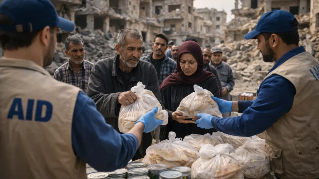 संघर्ष क्षेत्र में राहत सामग्री बांटते लोग